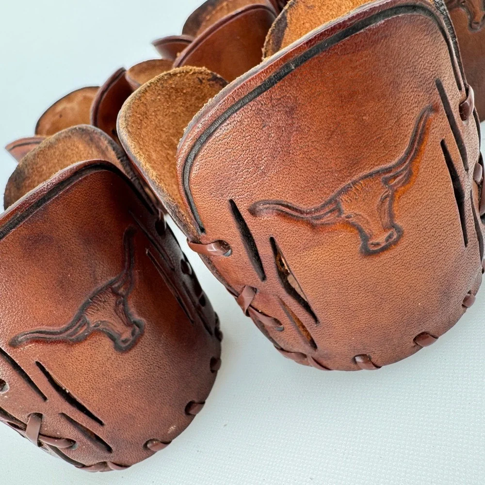 Vintage Tooled Leather Cup Holders Brown Texas Longhorn Western Barware Set 7
